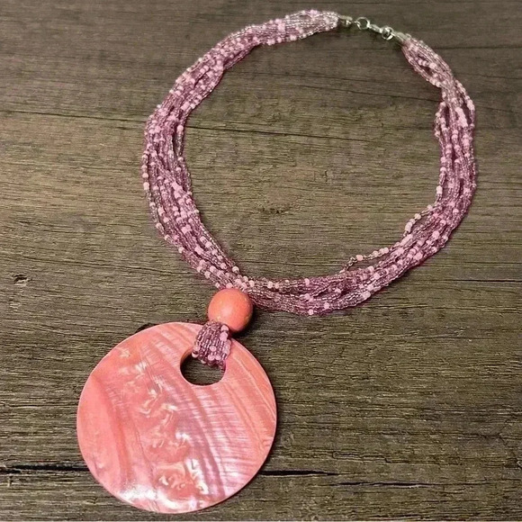 Large Round Painted Shell Pendant Beaded Statement Necklace - Picture 2 of 3